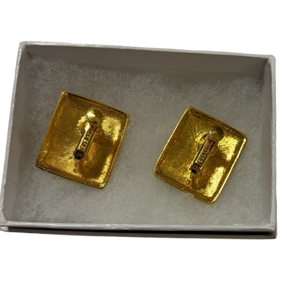 Vintage Napier Clip On Earrings Gold Tone Black Geometric Linear Retro - Picture 2 of 4